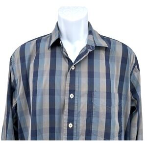COLE HAAN Gray & Navy Plaid Button Front Cotton Stretch Shirt Men's Large
